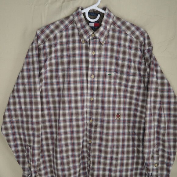 Vintage Tommy Hilfiger Button Up Shirt Long Sleeve Brown Plaid Men's Medium - Picture 2 of 11
